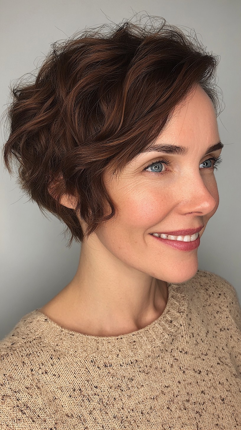 Deep Chestnut Wavy Pixie with Strategic Layers