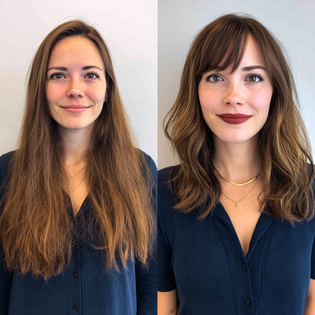 Effortlessly Chic Mid-Length Cut with Soft Waves and Side Bangs