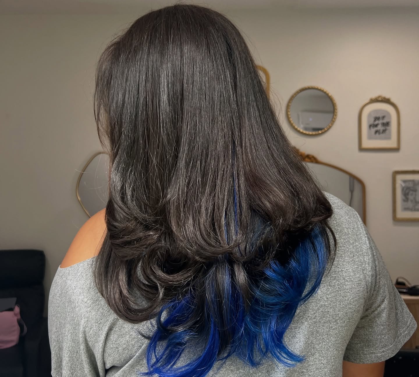 Elegant Long Hair with Vibrant Blue Ombre Ends