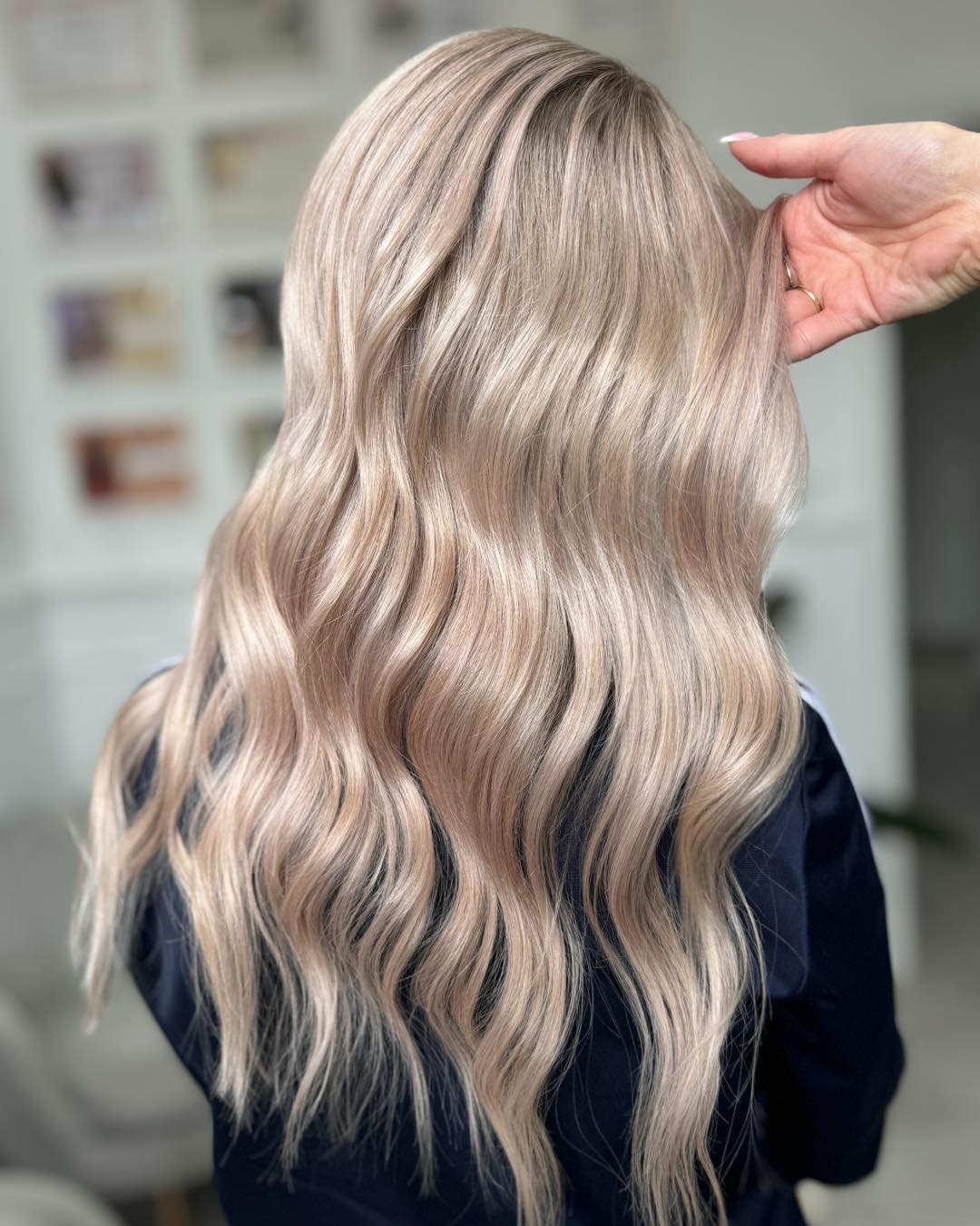 Flowing Ash-Blonde Waves with Subtle Pink Highlights