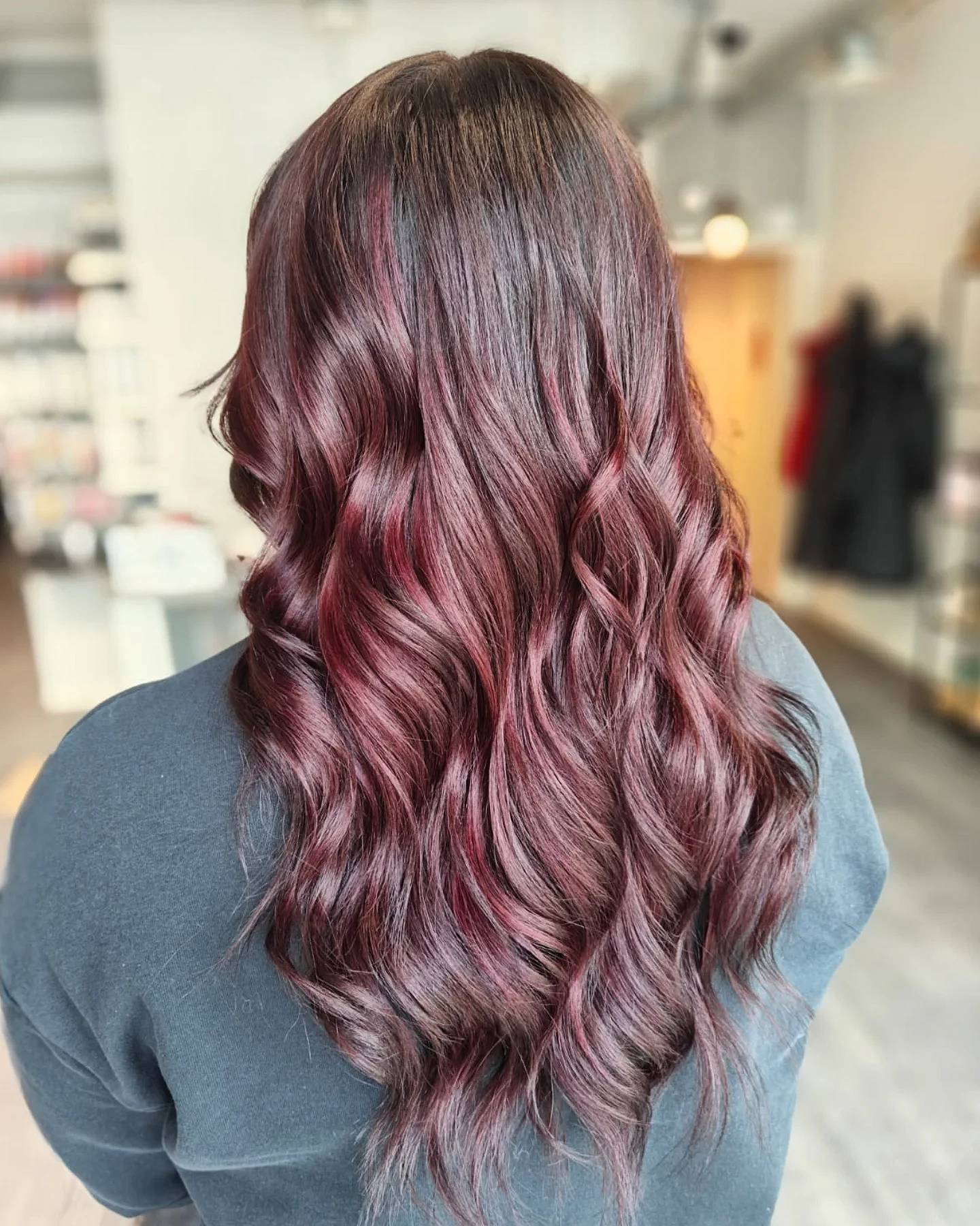 Luxurious Cherry Chocolate Balayage with Soft Waves