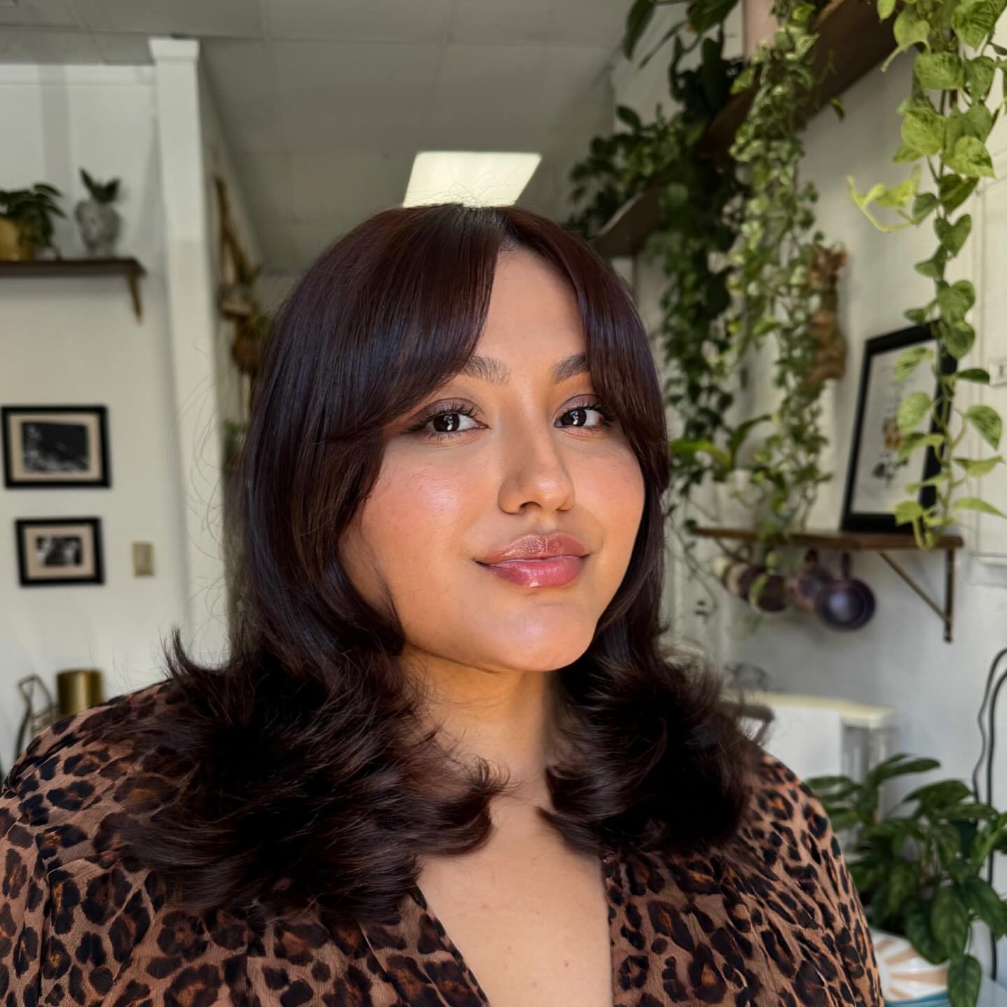 Rich Chestnut Waves with Soft Curtain Bangs
