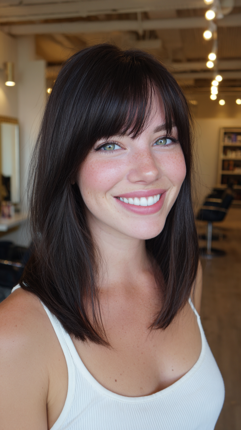 Sleek Dark Brown Mid-Length Cut with Soft Side Bangs