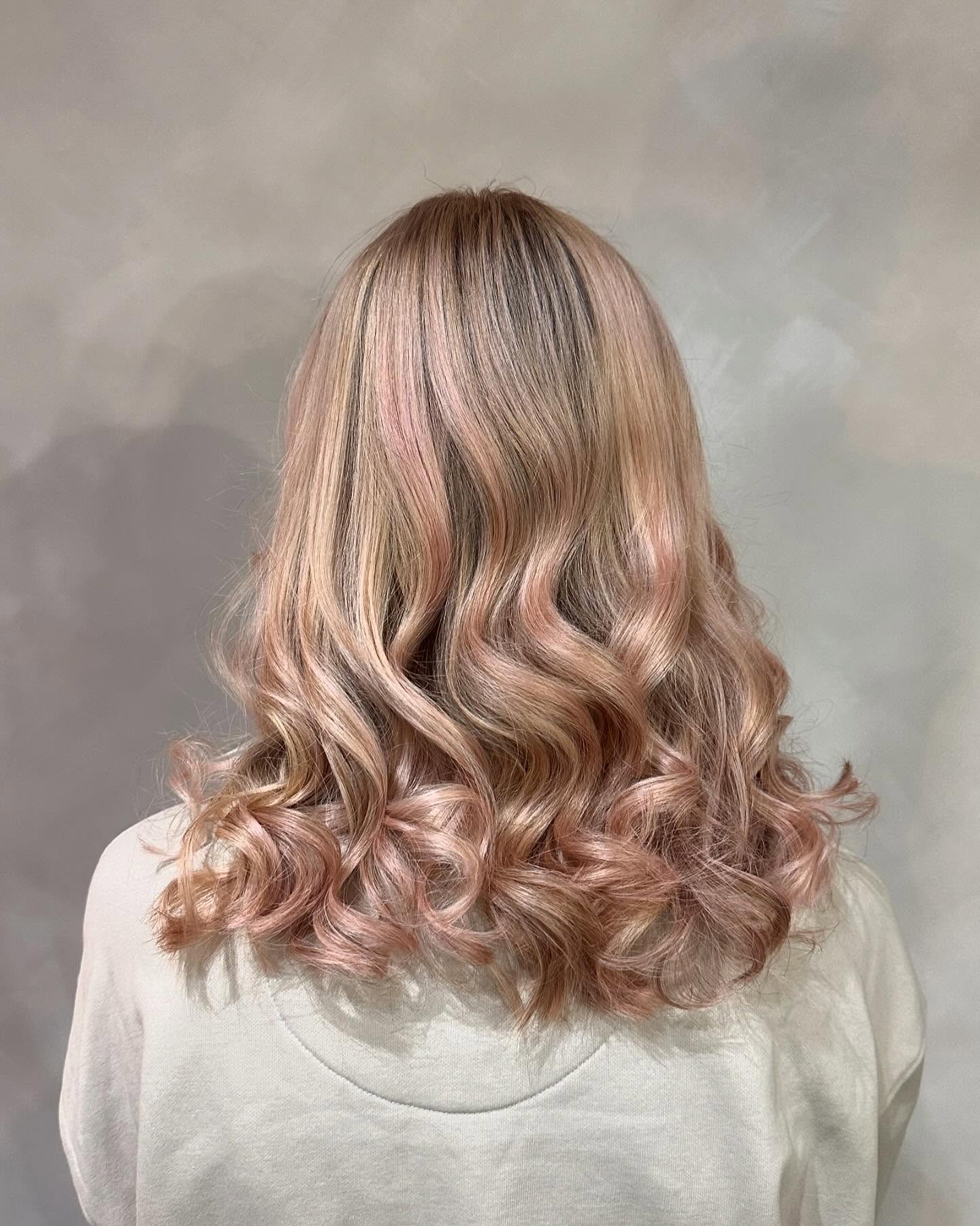 Soft Blonde Curls with Rose-Pink Kissed Ends