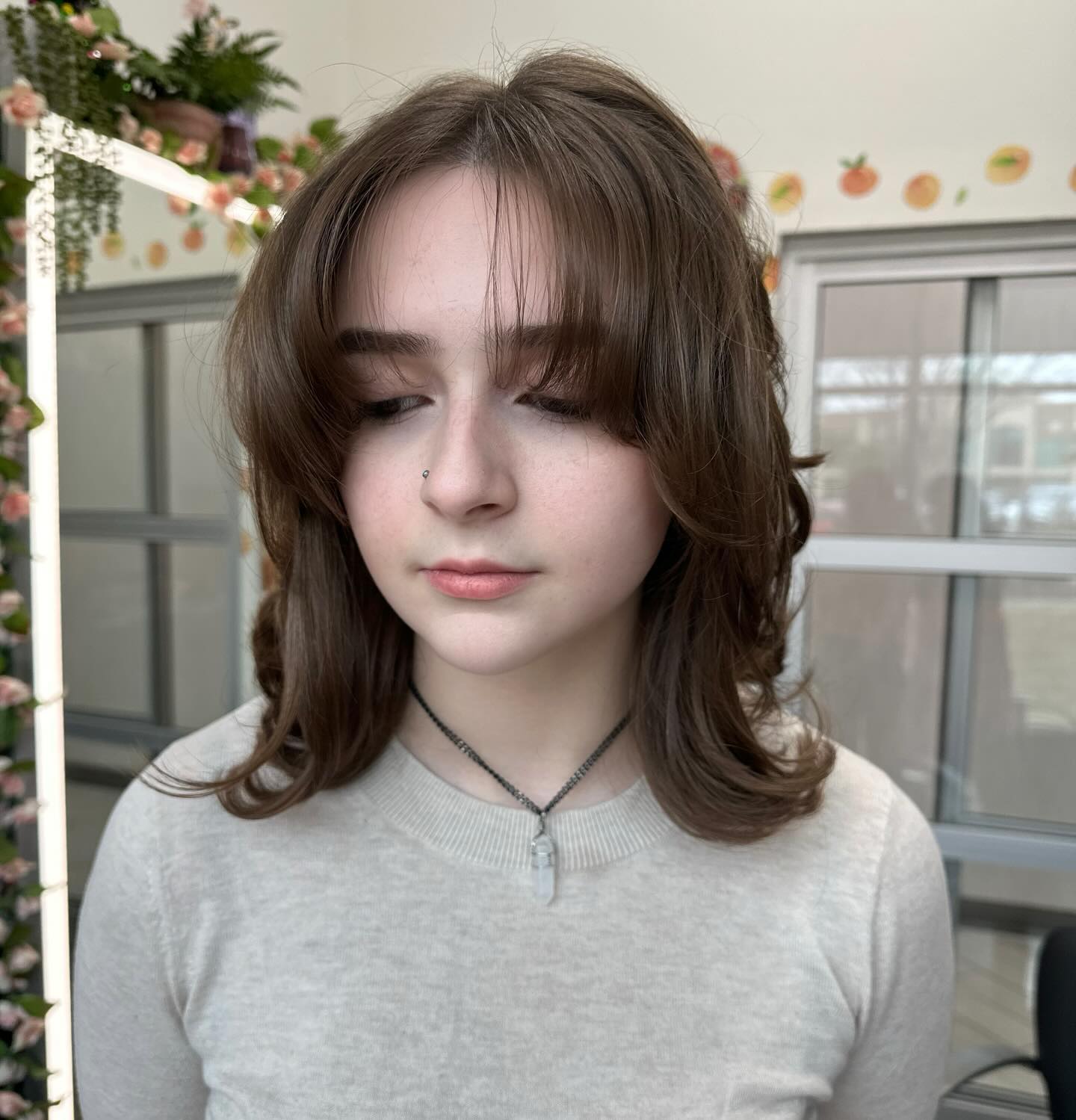 Soft Chestnut Tousled Layers with Sweeping Bangs