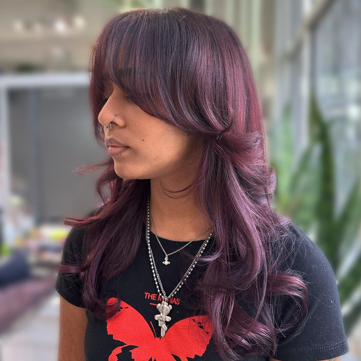 Stylish Cherry Chocolate Balayage with Soft Layers