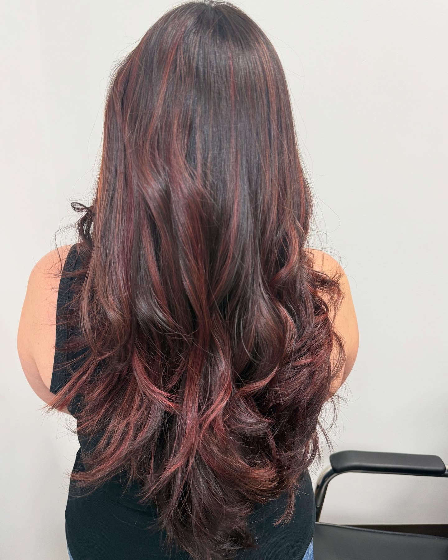 Vibrant Cherry Chocolate Balayage with Luscious Layers