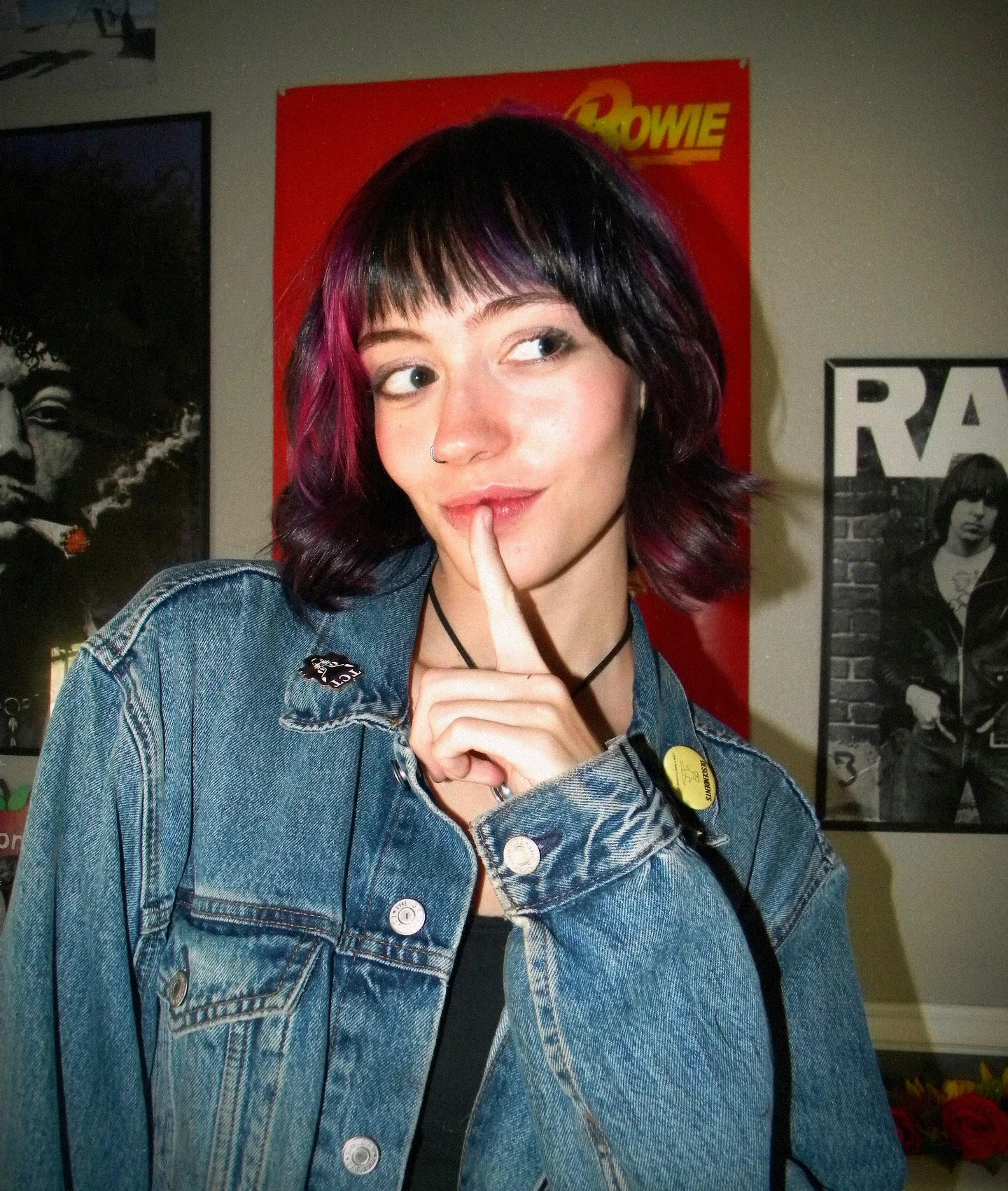 Vibrant Purple-Tipped Shag with Bangs