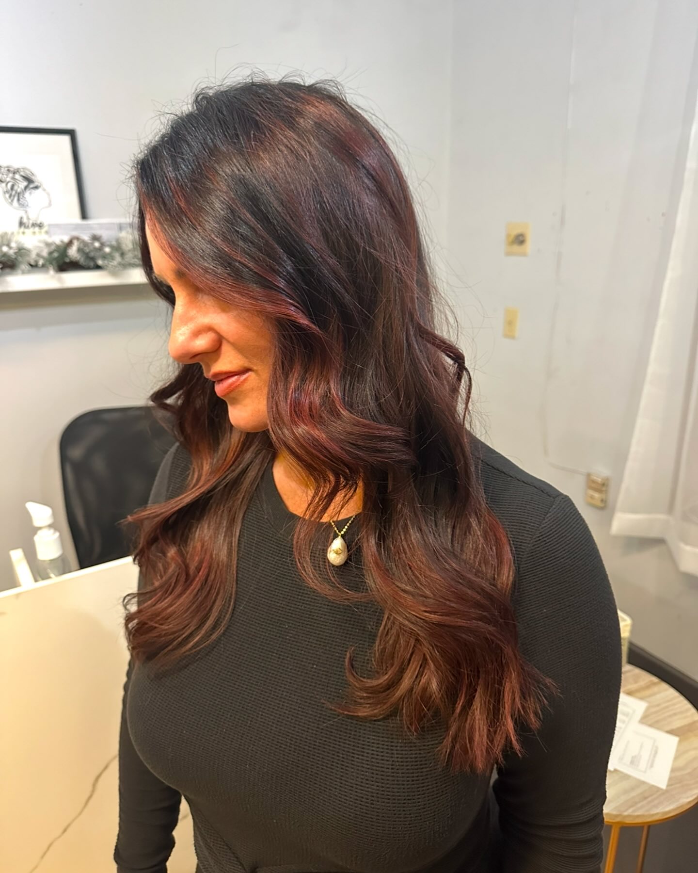 Warm Cherry Chocolate Balayage with Soft Layers