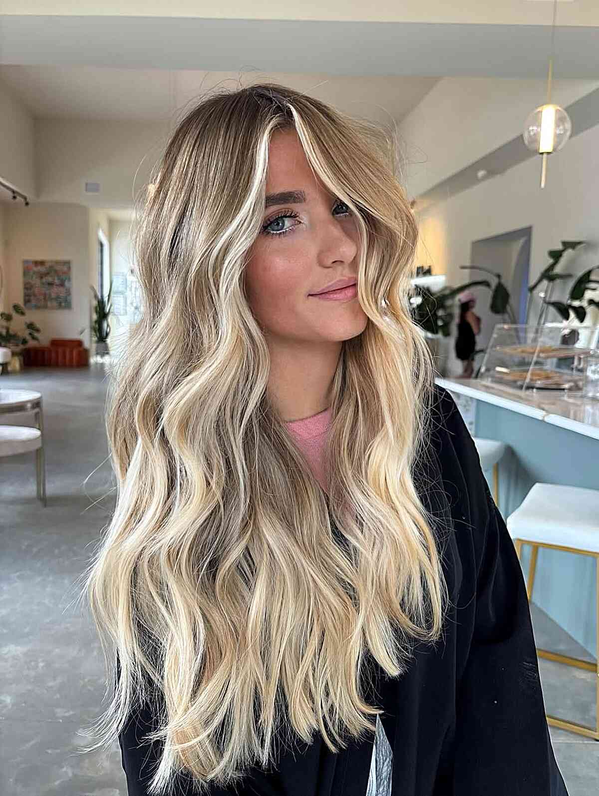 Beachy Long Wavy Hair with Bright Blonde Highlights