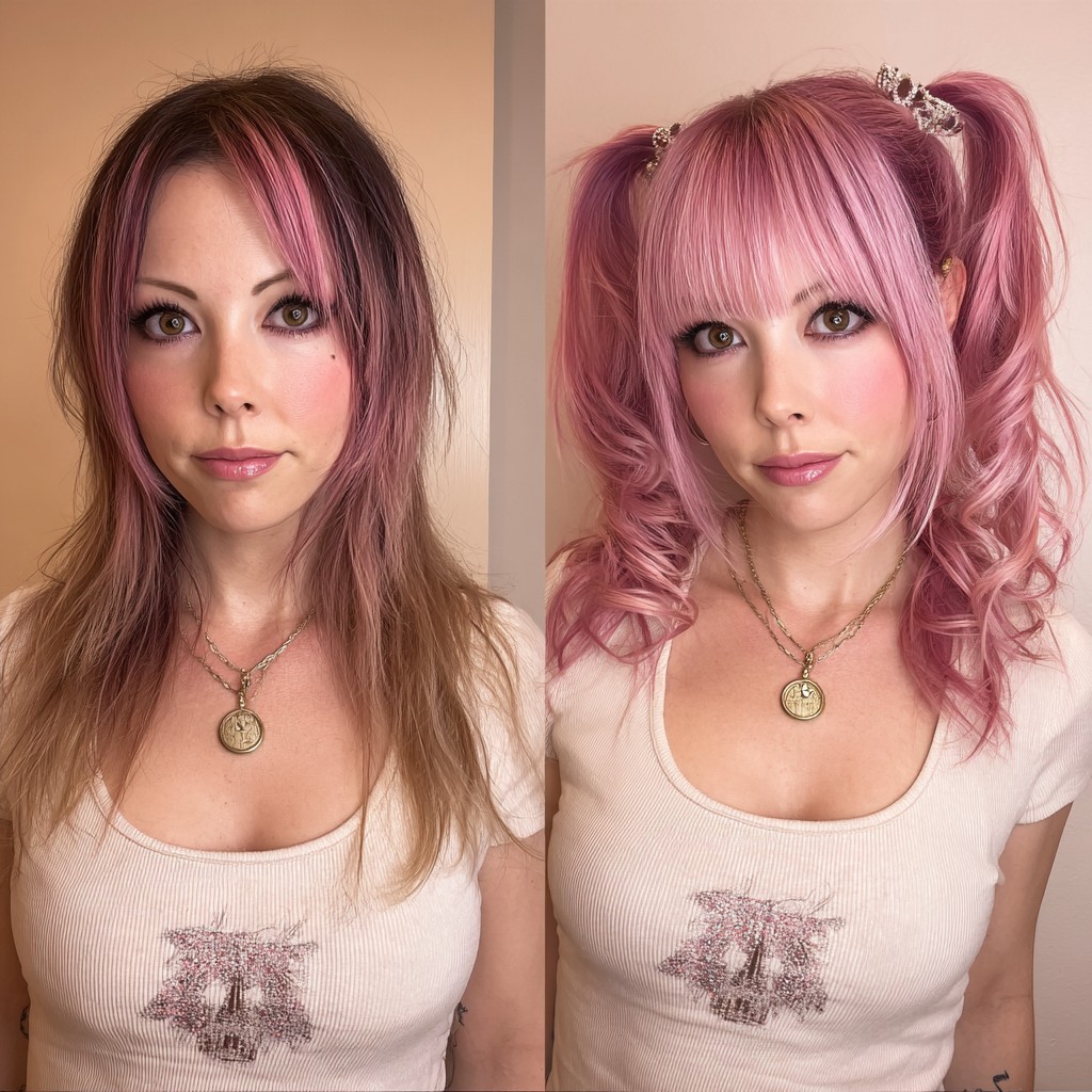 Contrasting Pink Straight to Curly Transformation