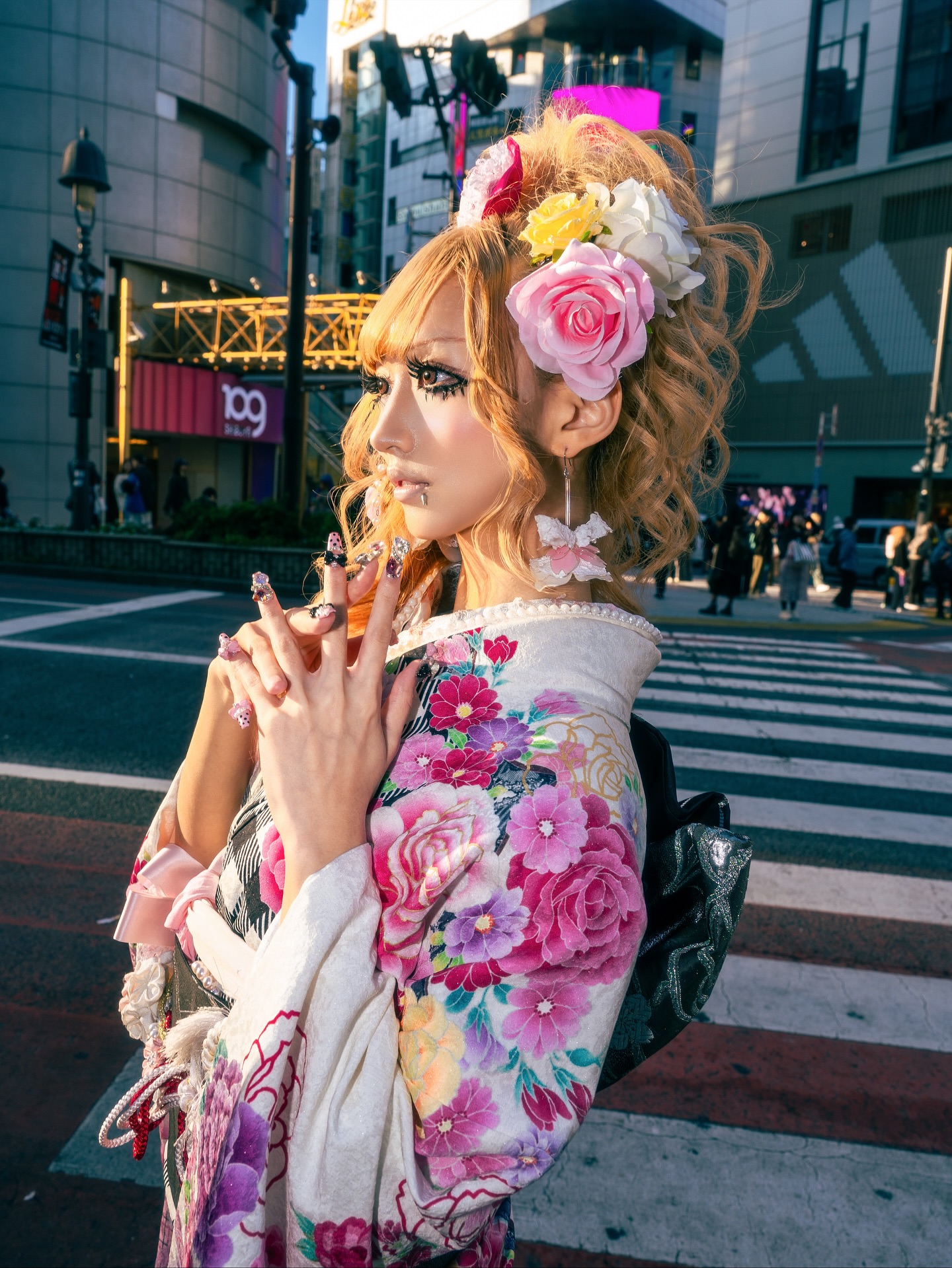 Floral-Accented Cascading Golden Curls
