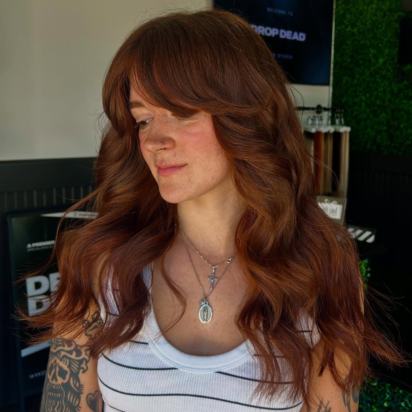 Rich Auburn Waves with Curtain Bangs
