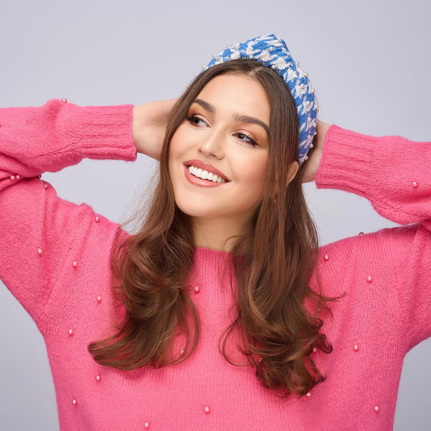 Soft Chestnut Layers with Bold Blue Bandana
