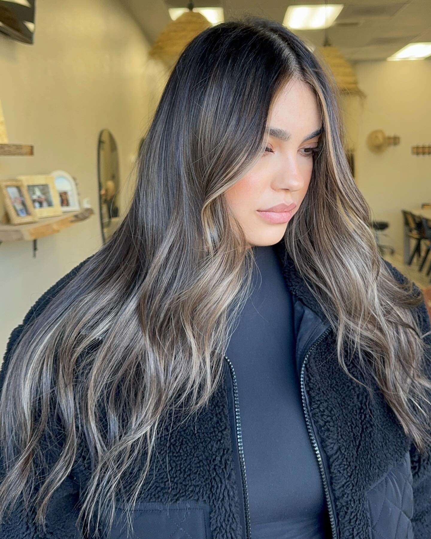 Warm Brunette Waves with Light Ash Highlights
