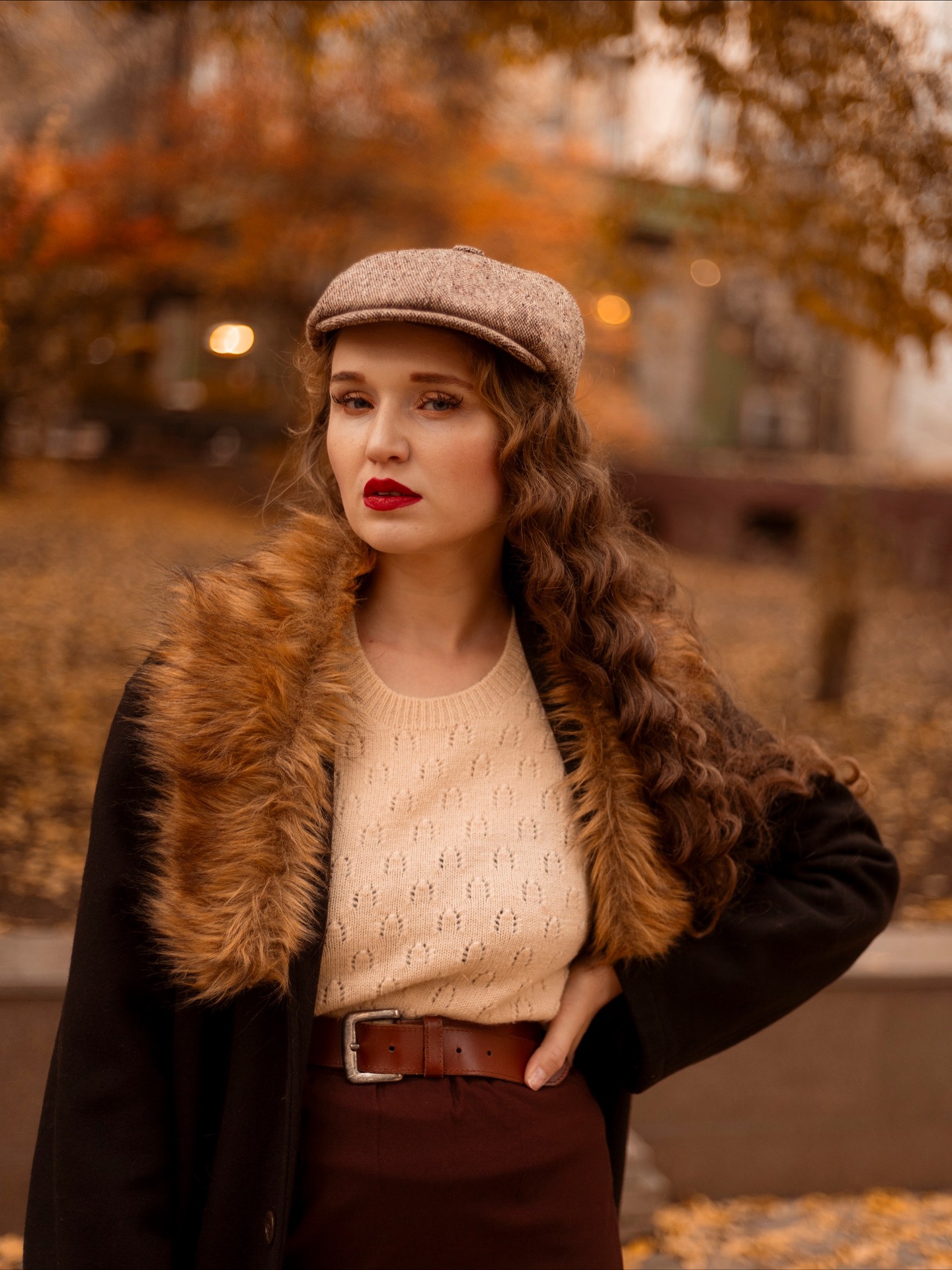 Autumn-Inspired Cascading Curls with Vintage Flair