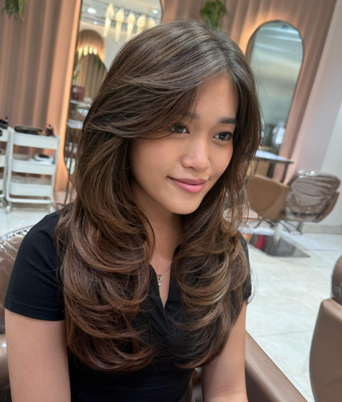 Classic Caramel Layers with Side Swept Bangs