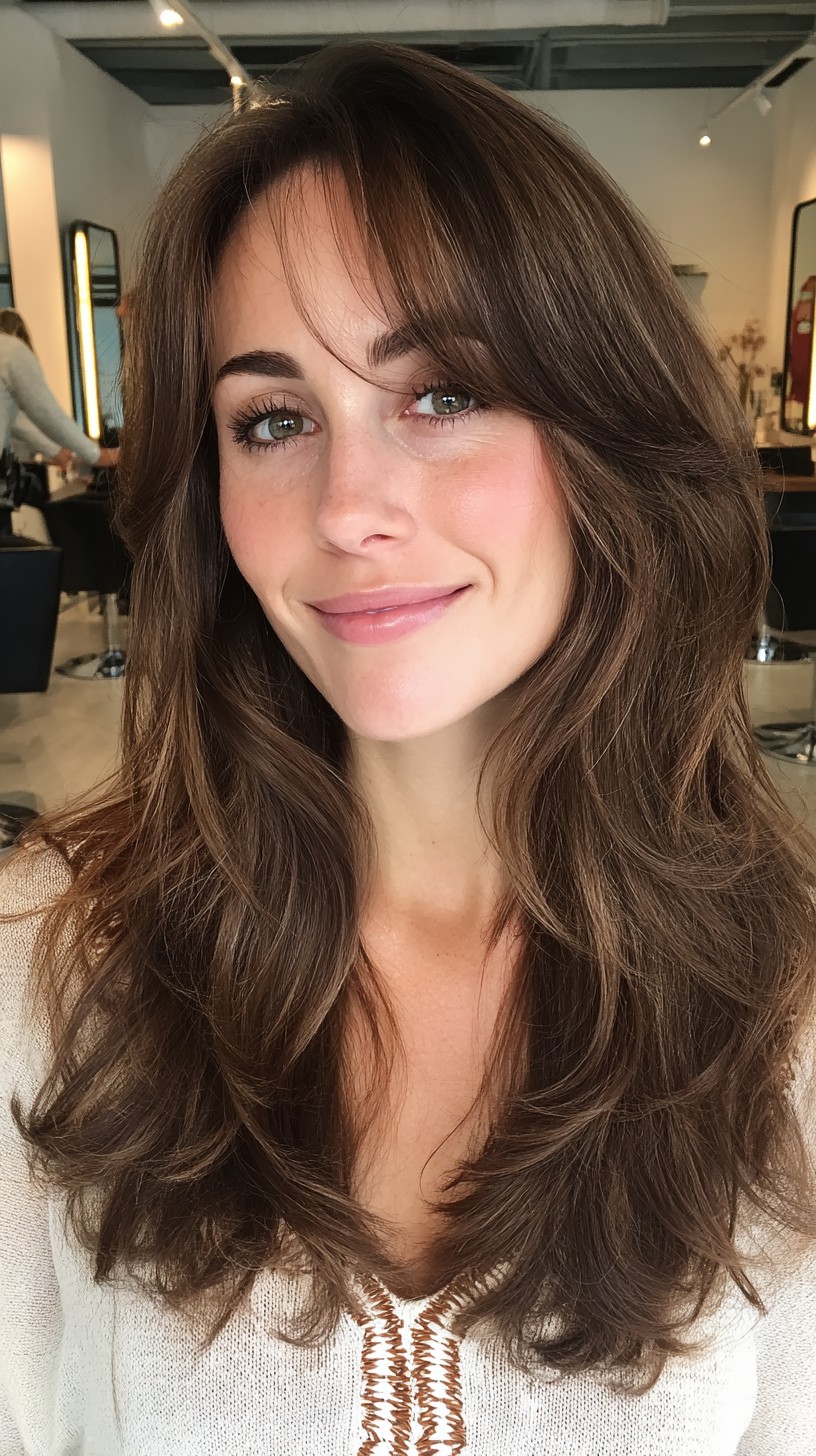 Classic Chestnut Cascade with Soft Bangs