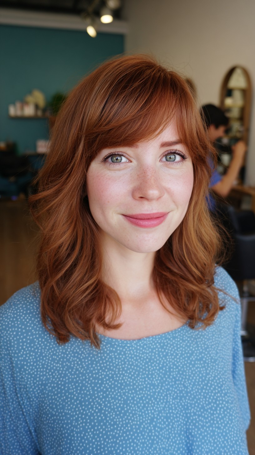Copper-Burnished Soft Waves with Side-Swept Bangs