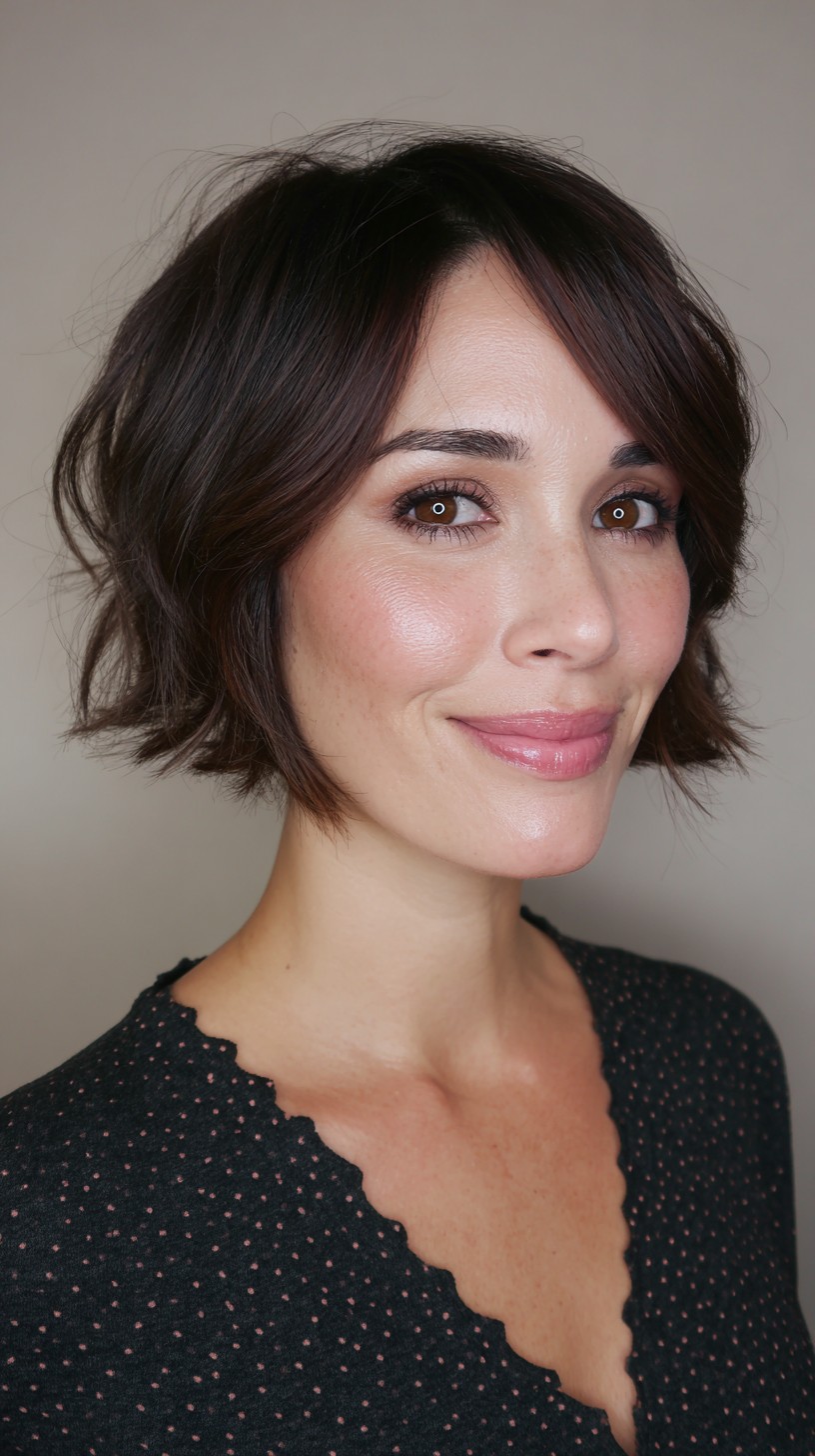 Dark Chocolate Tousled Bob with Swooping Bangs