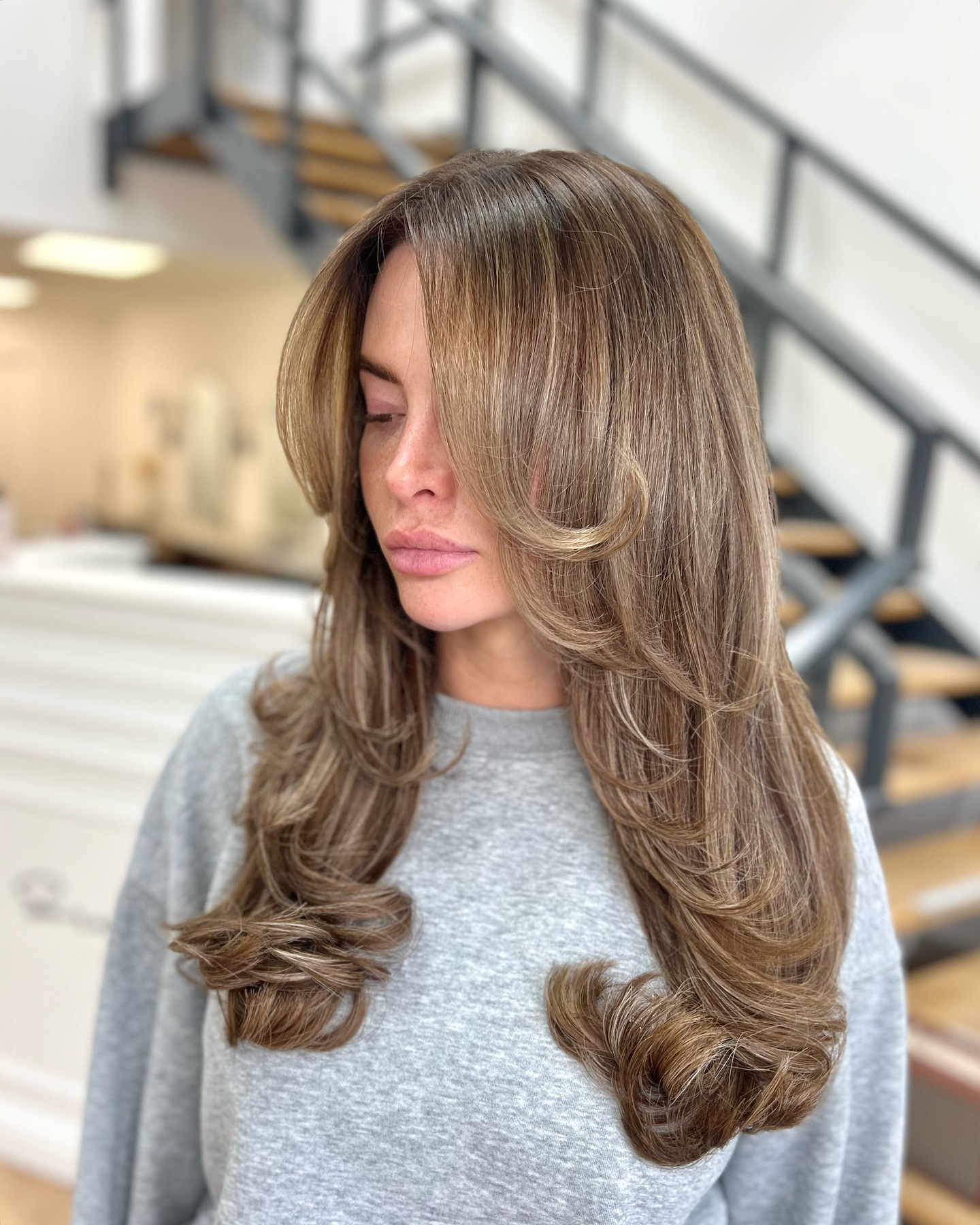Elegant Long Brown Layers with Soft Blonde Balayage