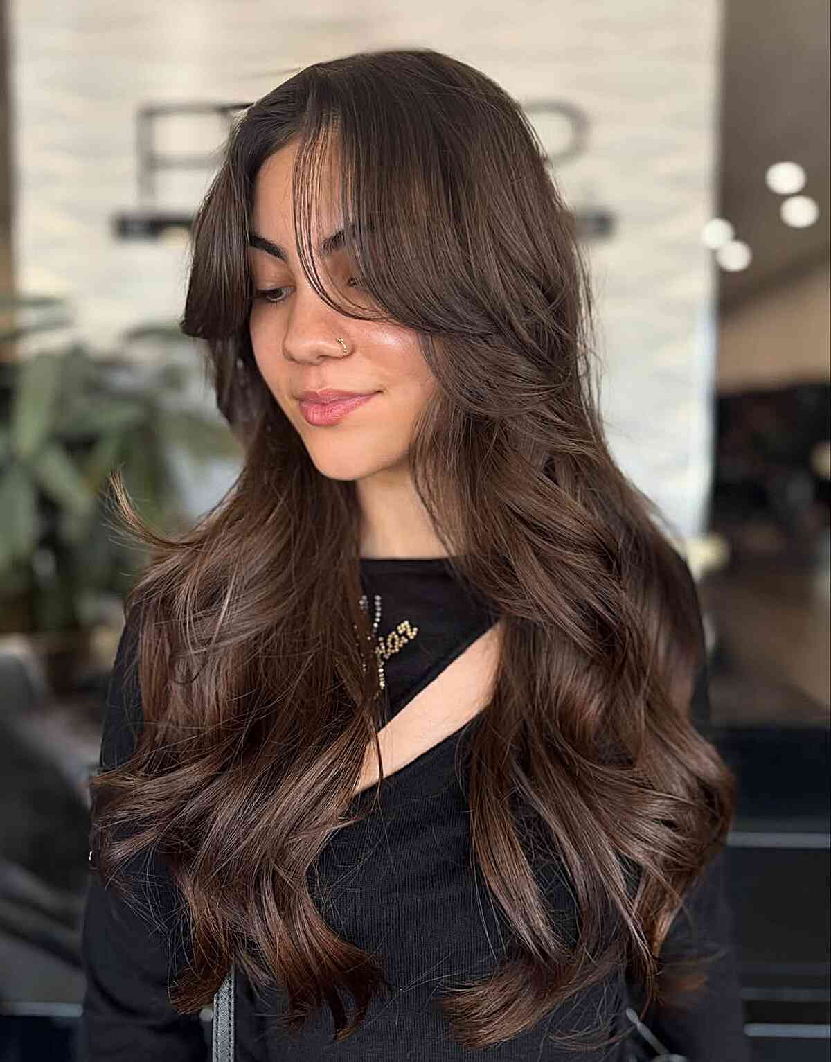 Long Layered Brunette Balayage with Soft Waves