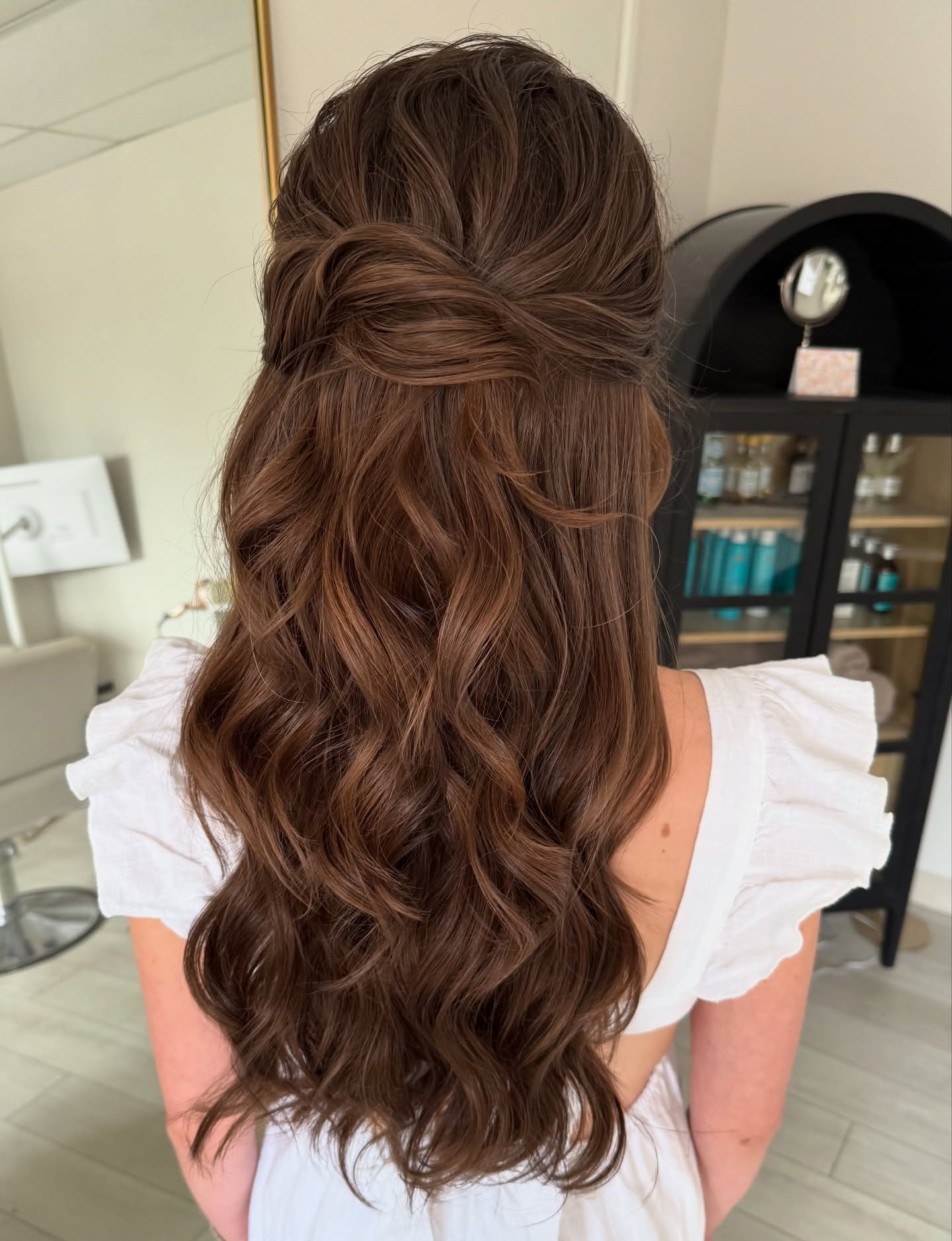 Lush Chestnut Tresses with Soft Half-Up Twist