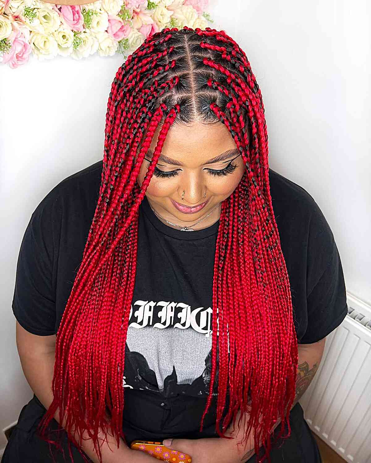 Bold Red Box Braids with Intricate Detailing