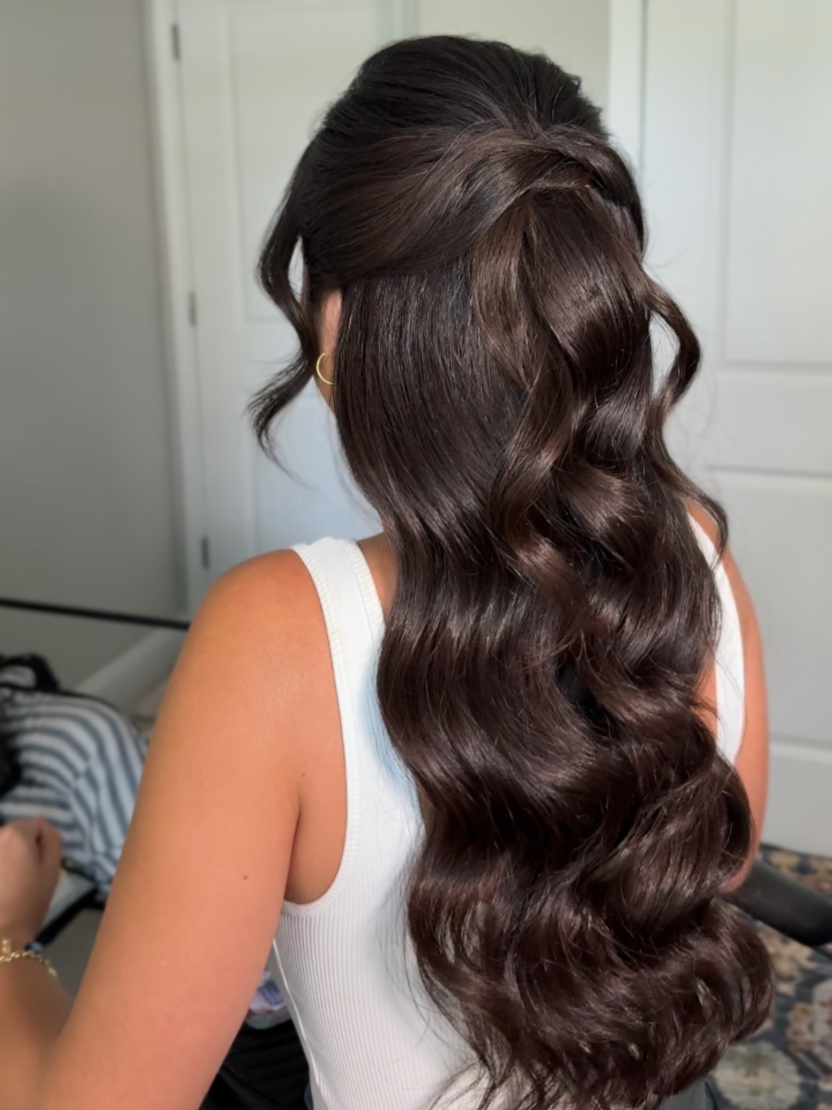 Rich Chestnut Waves with Polished Half-Up Twist