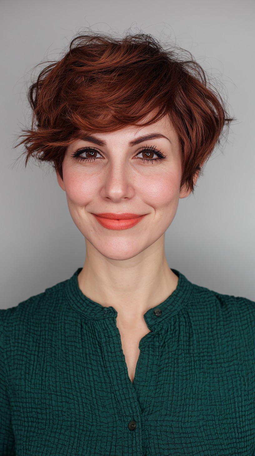 Vibrant Auburn Tousled Pixie with Textured Bangs