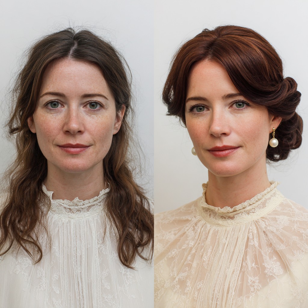 Victorian-Inspired Soft Auburn Coil with Side-Swept Elegance