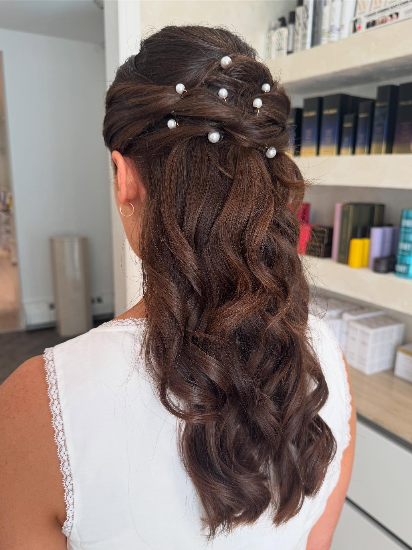 Chic Half Up Half Down Curls with Pearl Accents