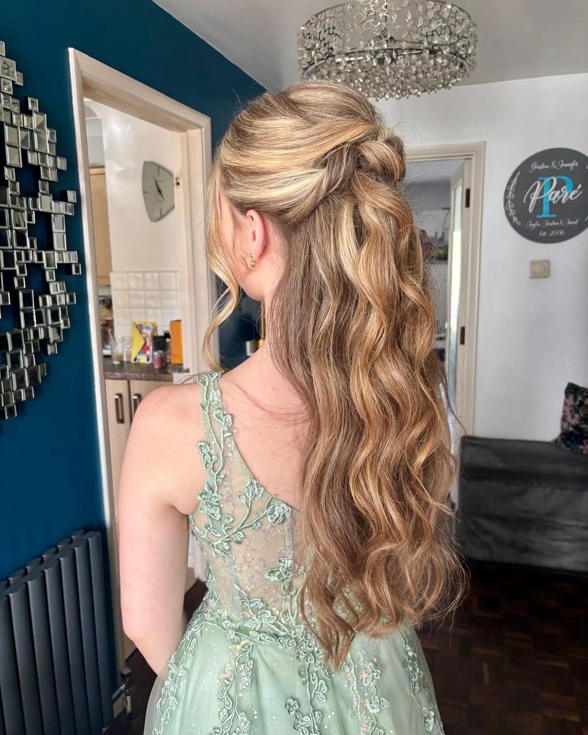 Chic Half Up Half Down Twisted Curls with Subtle Highlights