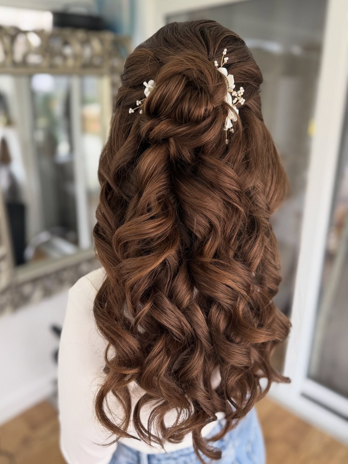 Romantic Half Up Half Down Curls with Floral Accents