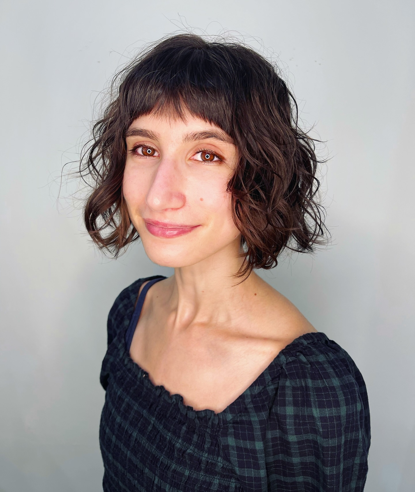 Textured Curly French Bob with Soft Bangs