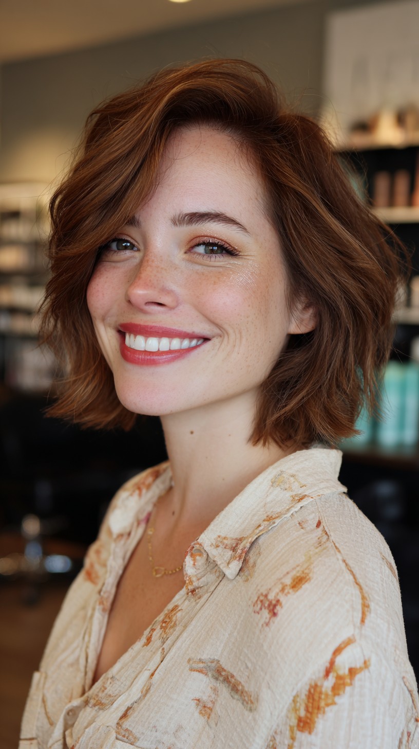Burnished Copper Asymmetrical Bob with Textured Waves