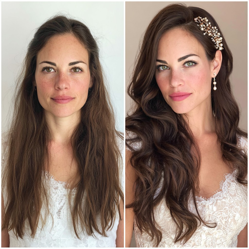 Glamorous Brunette Waves with Crystal-Embellished Hairpin