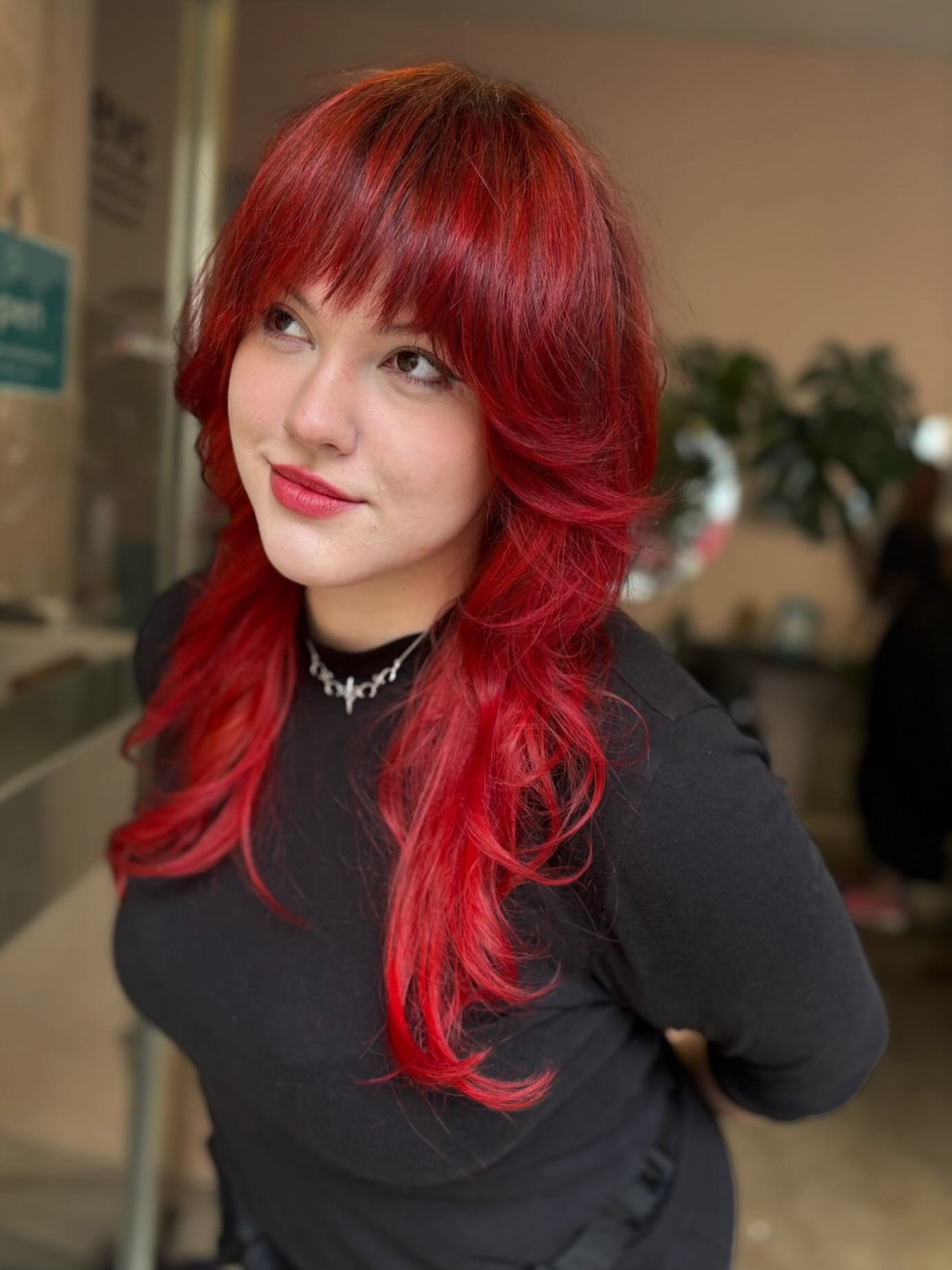 Bright Crimson Waves with Feathered Bangs