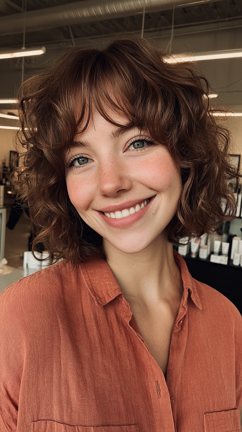 Charming Curly Bob with Soft Curtain Bangs