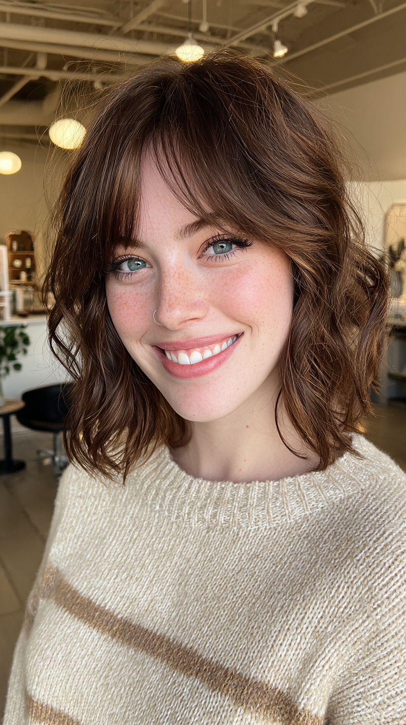 Charming Textured Lob with Soft Curtain Bangs