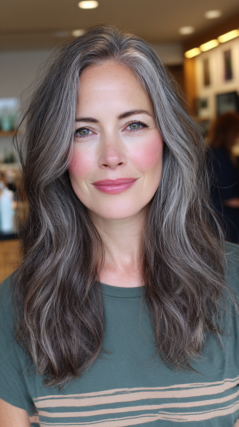 Chic Long Gray Hair with Soft Unruly Waves