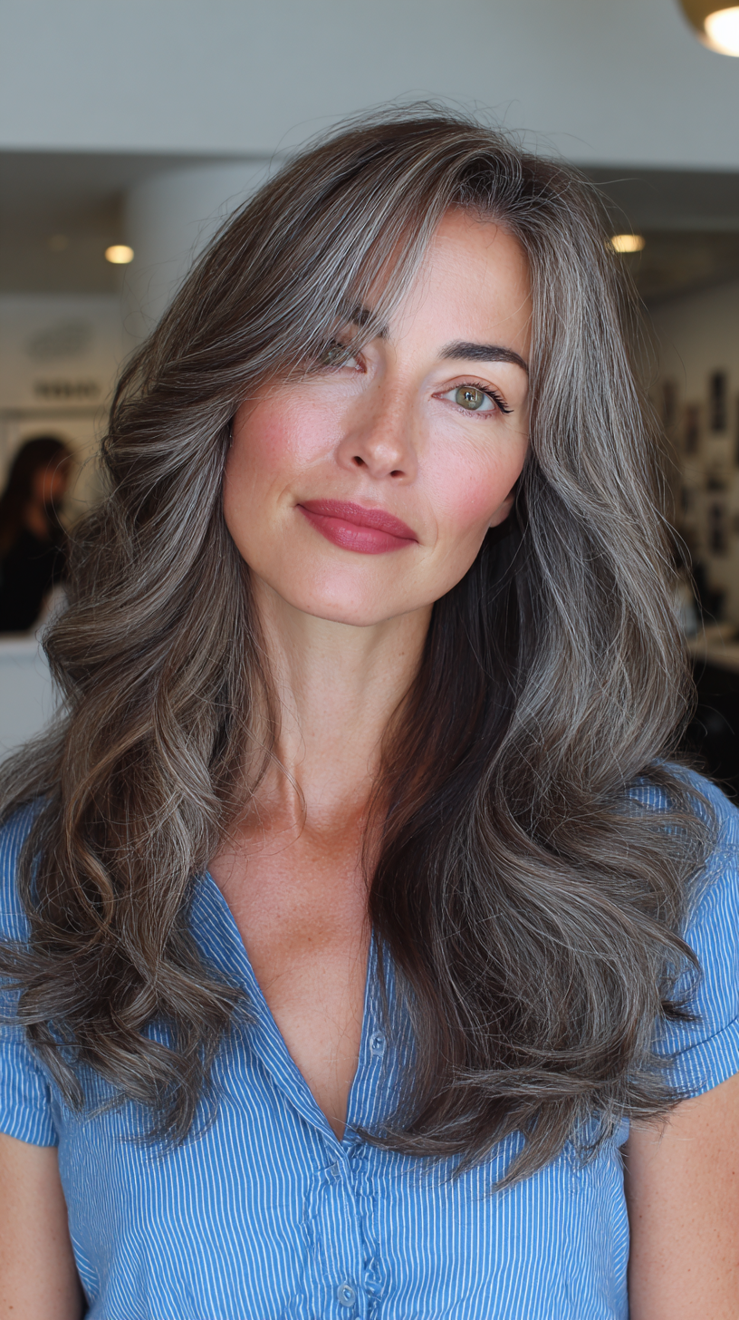 Chic Long Layered Gray Hair with Soft Waves