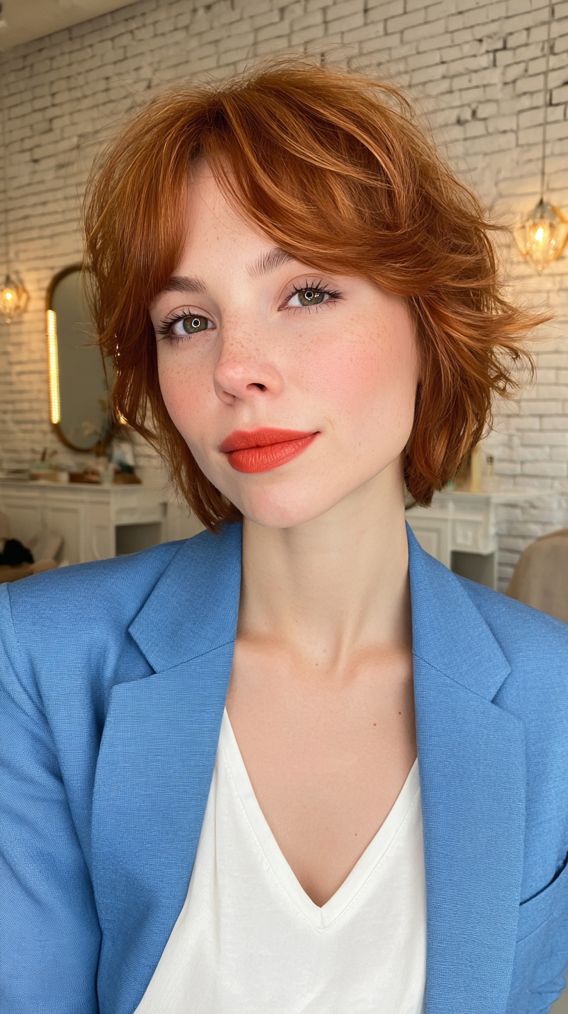 Choppy Copper Bob with Soft Curtain Bangs