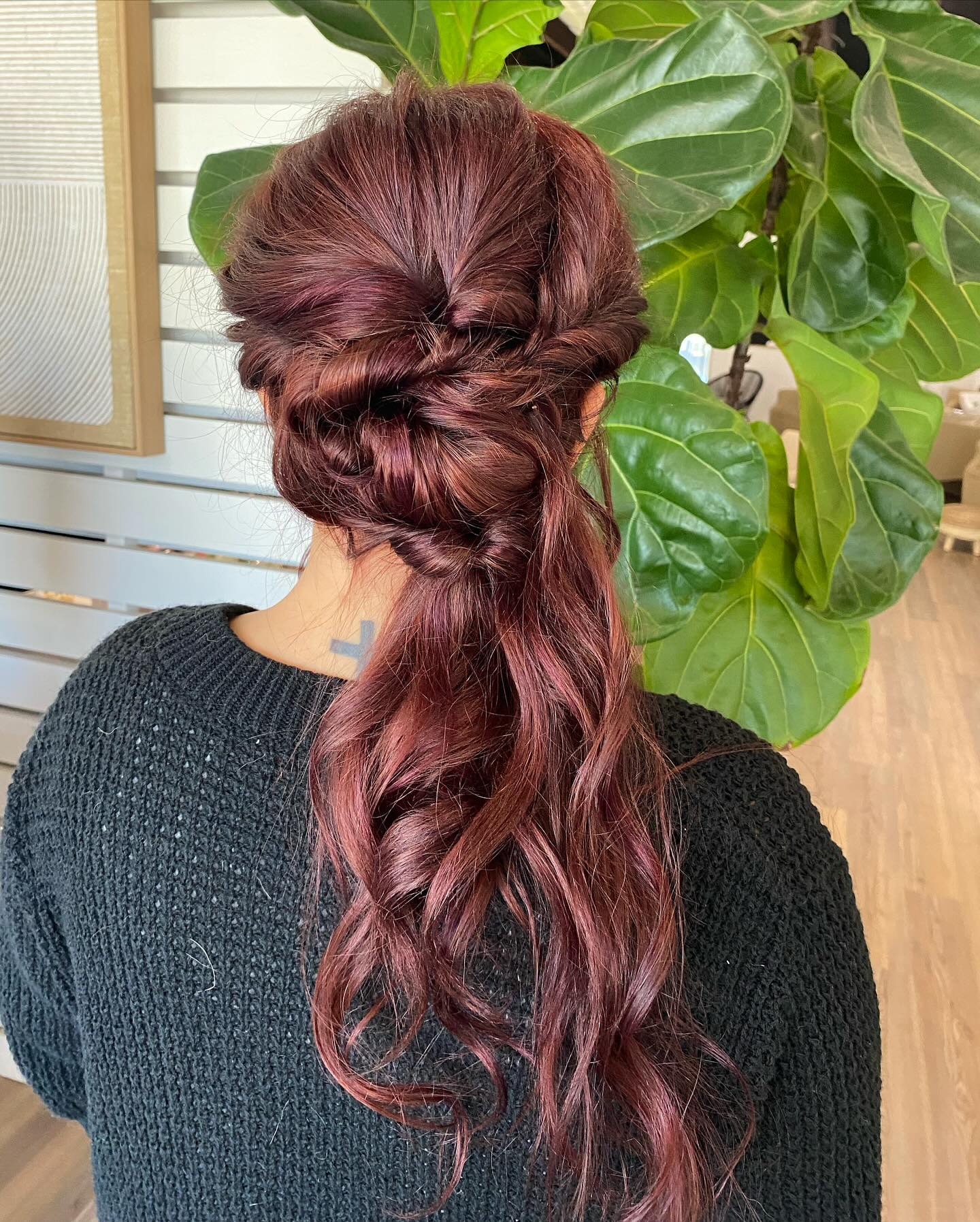 Deep-Burgundy Tousled Fishtail Braid