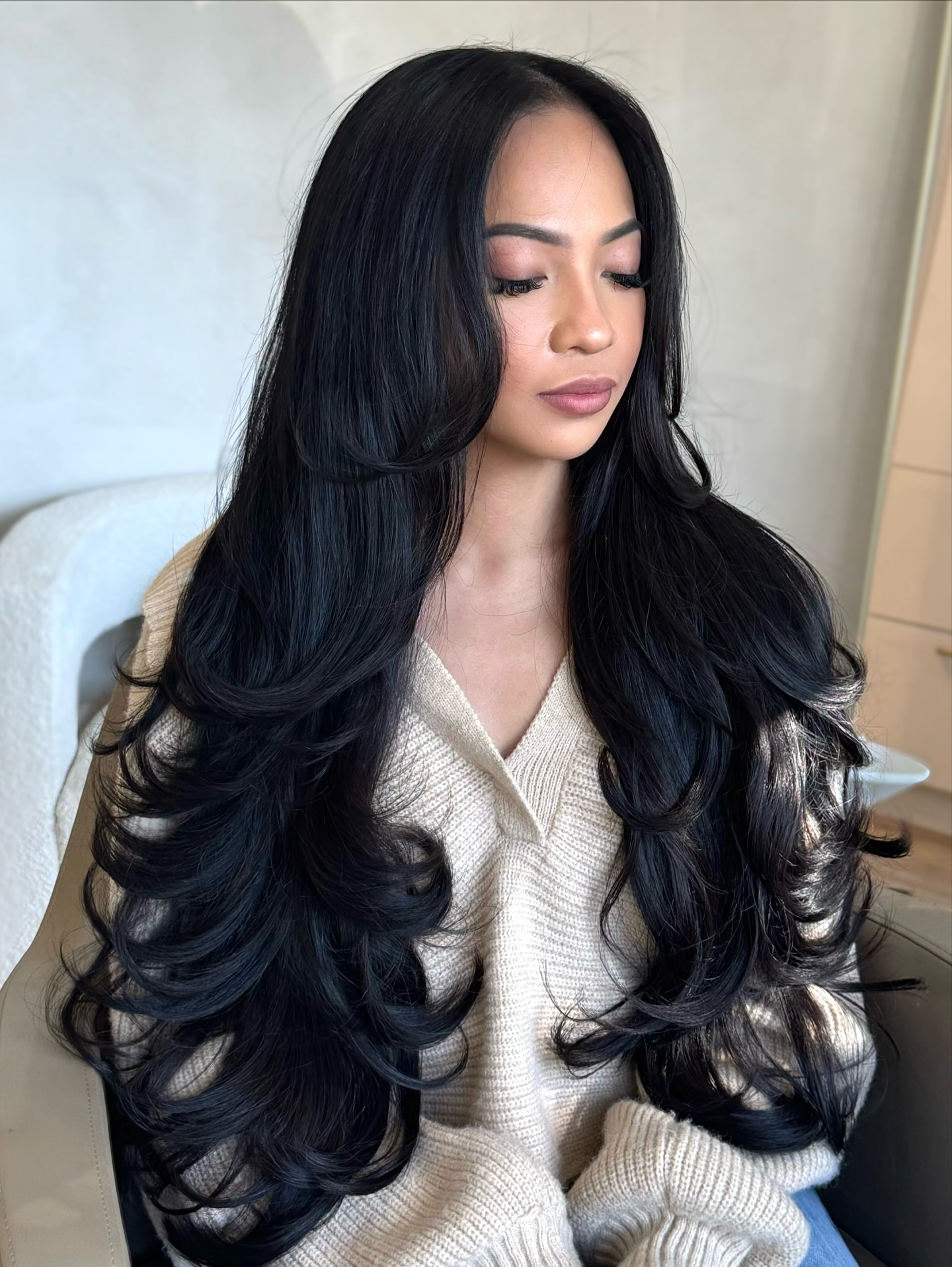 Elegant Flowing Midnight Layers with Soft Curls