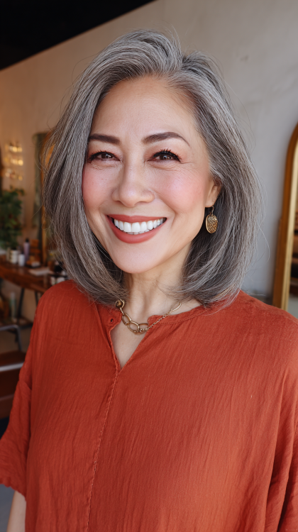 Elegant Gray Layered Lob with Soft Volume