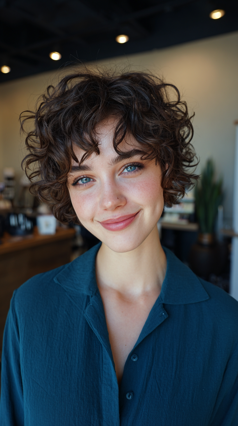Playful Curly Pixie with Soft Curtain Bangs