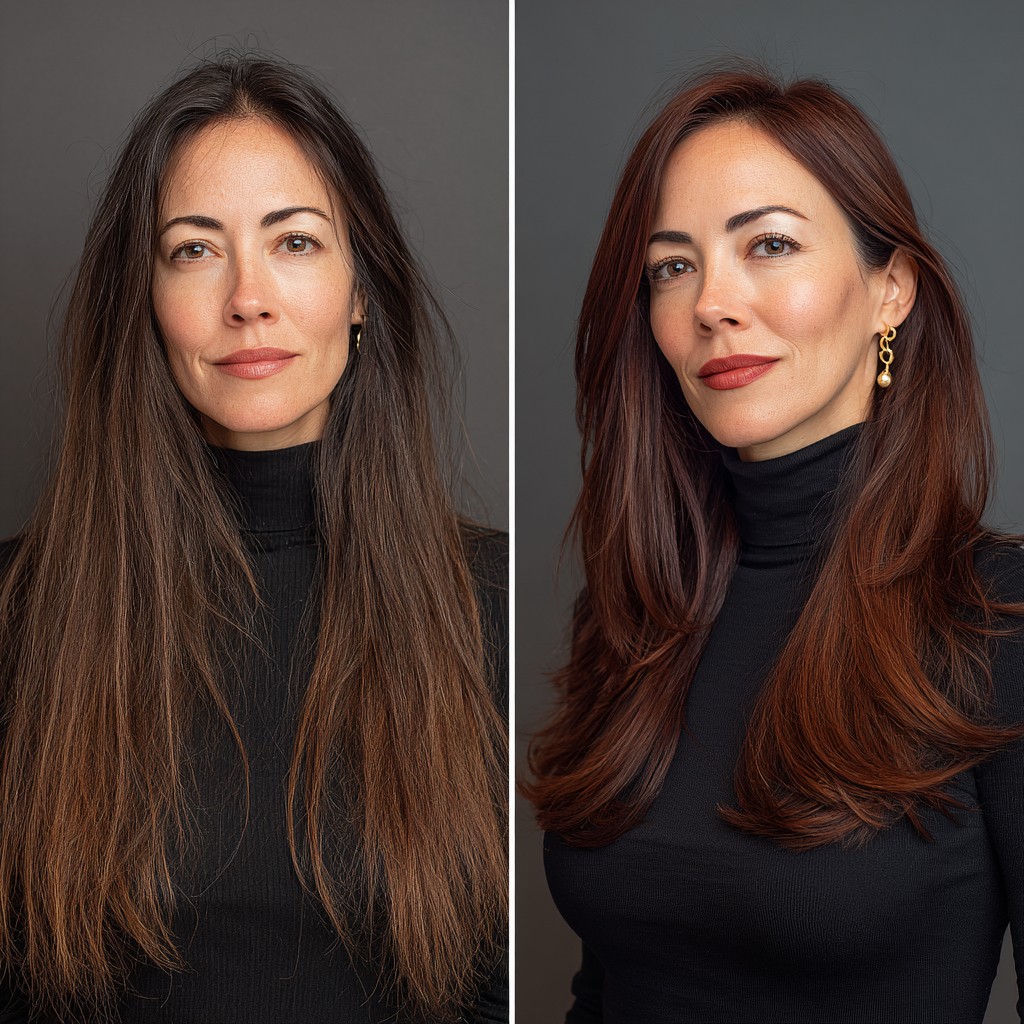 Striking Transformation to Flamboyant Chestnut Waves