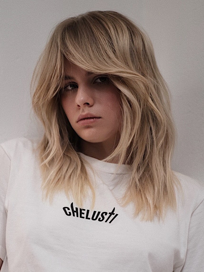 Textured Blonde Shag with Curtain Bangs