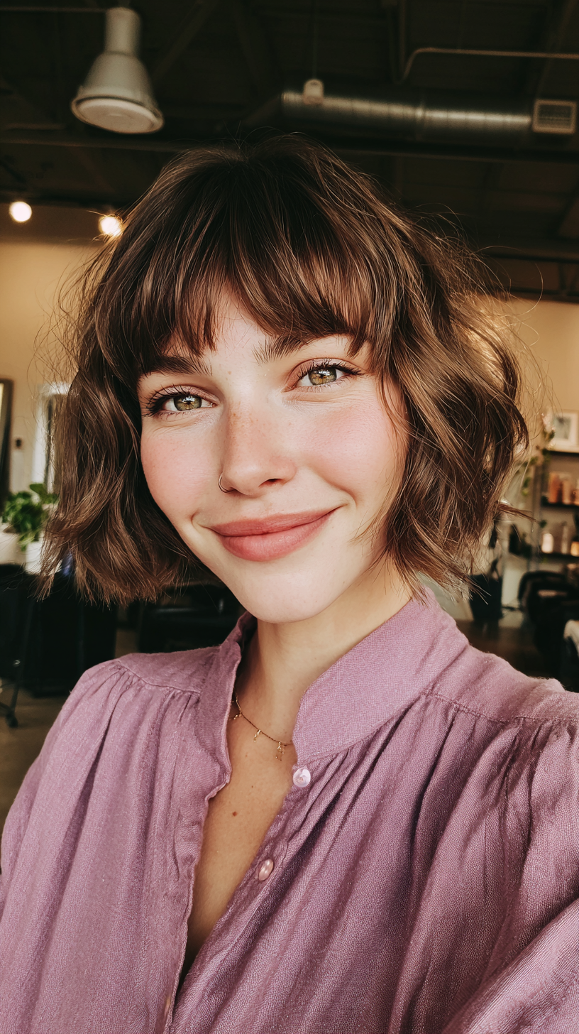 Textured Chocolate Bob with Soft Curtain Bangs